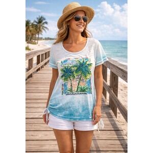 Onque Casuals Women's Size L California Palm Tree Graphic Tee Rhinestone Beach
